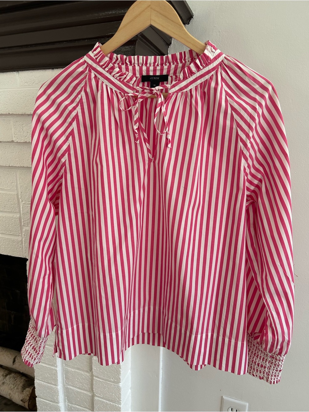 J. Crew Pink and White Striped Tie-Neck Blouse with Smocked Cuffs Size M